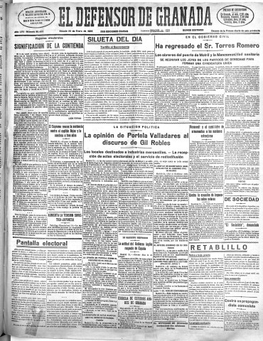 'El Defensor de Granada  : diario político independiente' - Año LVII Número 30400 Ed. Mañana - 1936 Enero 25