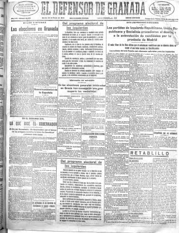 'El Defensor de Granada  : diario político independiente' - Año LVII Número 30404 Ed. Mañana - 1936 Enero 28