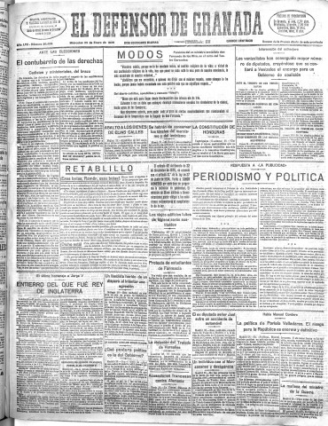 'El Defensor de Granada  : diario político independiente' - Año LVII Número 30406 Ed. Mañana - 1936 Enero 29
