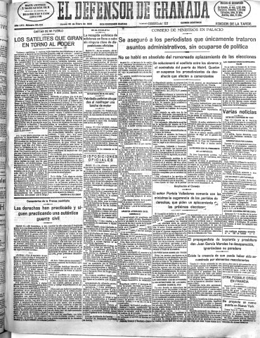 'El Defensor de Granada  : diario político independiente' - Año LVII Número 30409 Ed. Tarde - 1936 Enero 30