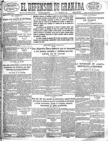 'El Defensor de Granada  : diario político independiente' - Año LVII Número 30454 Ed. Mañana - 1936 Febrero 26