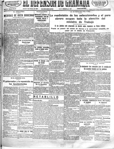 'El Defensor de Granada  : diario político independiente' - Año LVII Número 30456 Ed. Mañana - 1936 Febrero 27