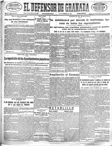 'El Defensor de Granada  : diario político independiente' - Año LVII Número 30460 Ed. Mañana - 1936 Febrero 29