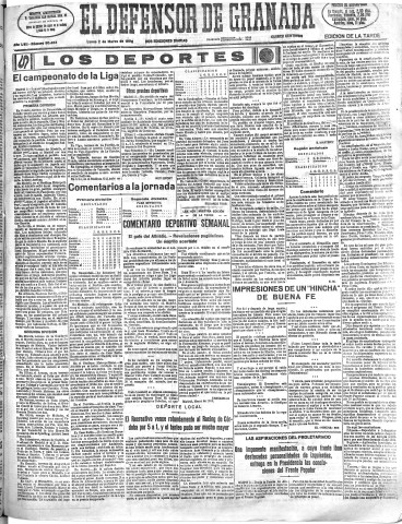 'El Defensor de Granada  : diario político independiente' - Año LVII Número 30463 Ed. Tarde - 1936 Marzo 02