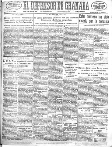 'El Defensor de Granada  : diario político independiente' - Año LVII Número 30482 Ed. Tarde - 1936 Marzo 14