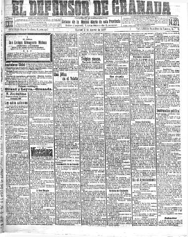 'El Defensor de Granada  : diario político independiente' - Año XXIX Número 14271  - 1907 Agosto 02