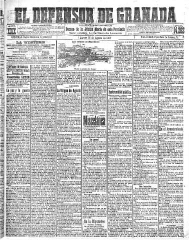 'El Defensor de Granada  : diario político independiente' - Año XXIX Número 14282  - 1907 Agosto 15