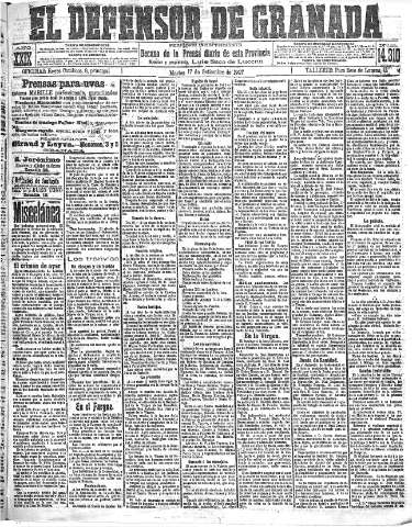 'El Defensor de Granada  : diario político independiente' - Año XXIX Número 14310  - 1907 Septiembre 16
