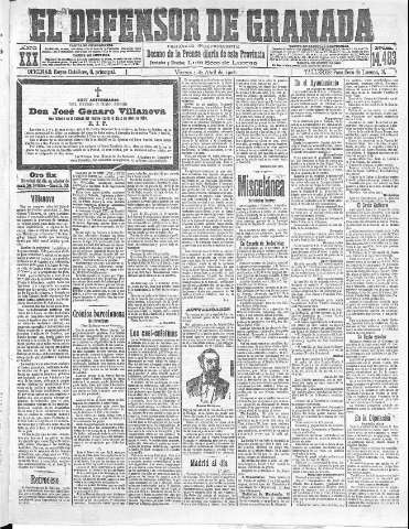 'El Defensor de Granada  : diario político independiente' - Año XXX Número 14483  - 1908 Abril 03