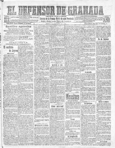 'El Defensor de Granada  : diario político independiente' - Año XXX Número 14569  - 1908 Septiembre 01