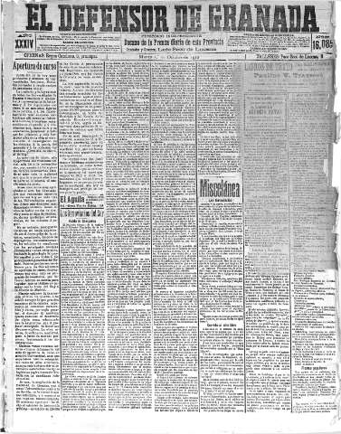 'El Defensor de Granada  : diario político independiente' - Año XXXIV Número 16085  - 1912 Octubre 01