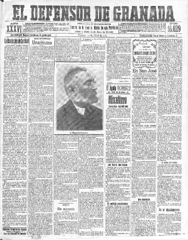 'El Defensor de Granada  : diario político independiente' - Año XXXVI Número 16629  - 1914 Abril 17
