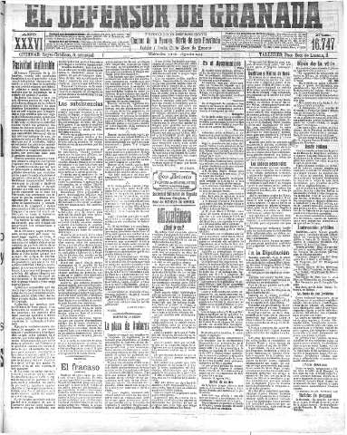 'El Defensor de Granada  : diario político independiente' - Año XXXVI Número 16747  - 1914 Agosto 12