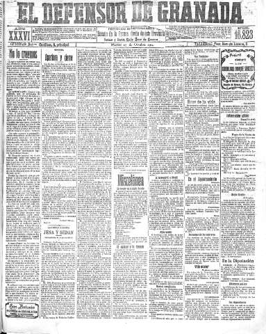 'El Defensor de Granada  : diario político independiente' - Año XXXVI Número 16823  - 1914 Octubre 27
