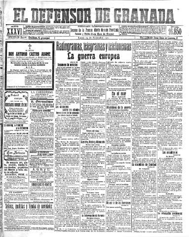 'El Defensor de Granada  : diario político independiente' - Año XXXVI Número 16850  - 1914 Noviembre 23