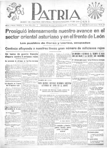 'Patria  : diario de Falange Española Tradicionalista y de las J.O.N.S.' - Año III Segunda Epoca Número 129  - 1937 Octubre 06