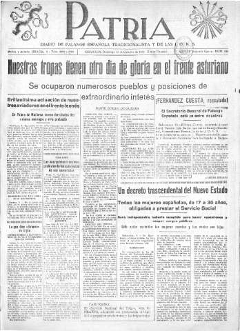 'Patria  : diario de Falange Española Tradicionalista y de las J.O.N.S.' - Año III Segunda Epoca Número 133  - 1937 Octubre 10