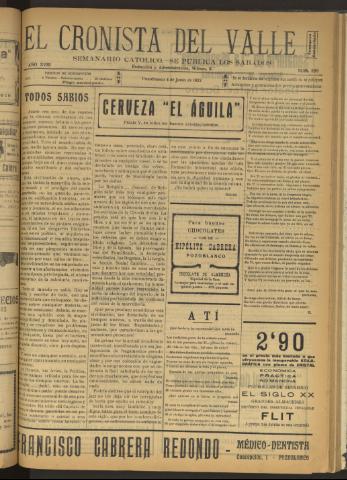 'El Cronista del Valle' - Época 1ª Año XVIII Número 899 - 1927 junio 04