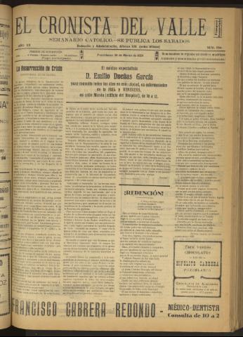 'El Cronista del Valle' - Época 1ª Año XX Número 994 - 1929 marzo 30