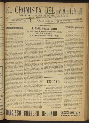 'El Cronista del Valle' - Época 1ª Año XX Número 998 - 1929 abril 27