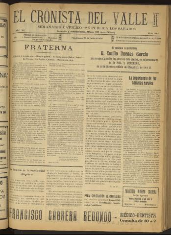 'El Cronista del Valle' - Época 1ª Año XX Número 1007 - 1929 junio 29