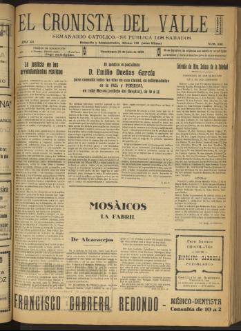 'El Cronista del Valle' - Época 1ª Año XX Número 1010 - 1929 julio 20