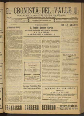'El Cronista del Valle' - Época 1ª Año XX Número 1020 - 1929 septiembre 28