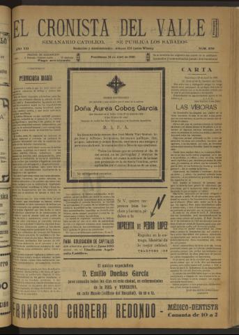 'El Cronista del Valle' - Época 1ª Año XXI Número 1050 - 1930 abril 26