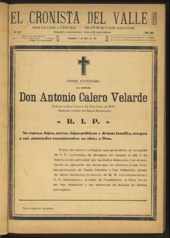 'El Cronista del Valle' - Época 1ª Año XXII Número 1086 - 1931 enero 03