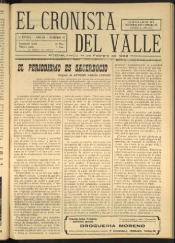'El Cronista del Valle' - Época 2ª Año III Número 71 - 1959 febrero 14