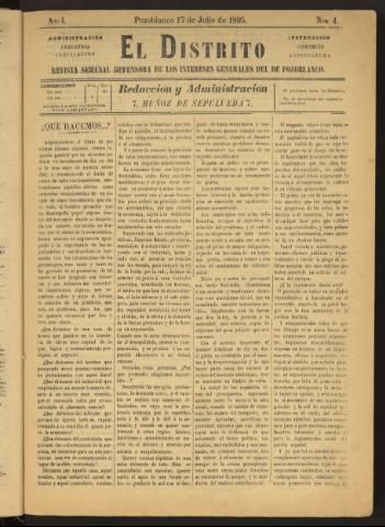 'El Distrito : revista Semanal Defensora de los Intereses Generales de Pozoblanco' - Año I Número 4 - 1895 julio 17