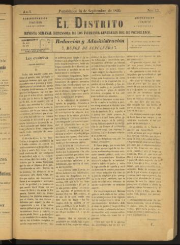 'El Distrito : revista Semanal Defensora de los Intereses Generales de Pozoblanco' - Año I Número 13 - 1895 septiembre 18