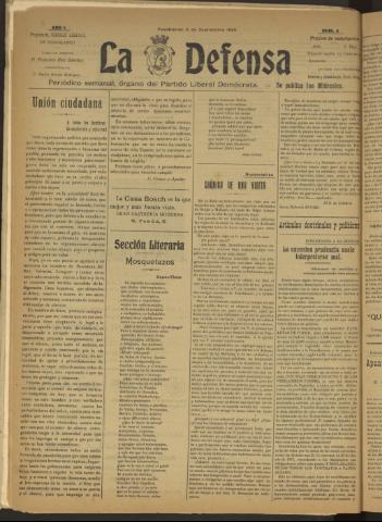 'La Defensa : periódico semanal, órgano del Partido Liberal Demócrata' - Año I Número 4 - 1920 septiembre 08