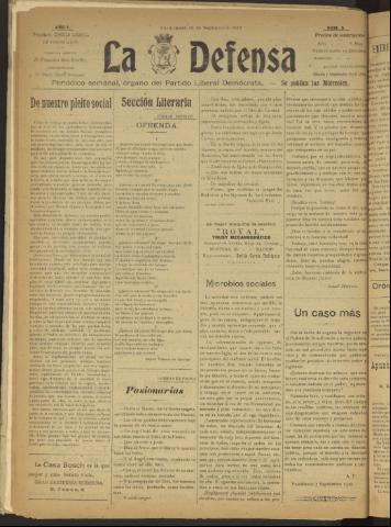 'La Defensa : periódico semanal, órgano del Partido Liberal Demócrata' - Año I Número 5 - 1920 septiembre 15