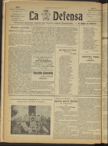 'La Defensa : periódico semanal, órgano del Partido Liberal Demócrata' - Año I Número 7 - 1920 septiembre 29