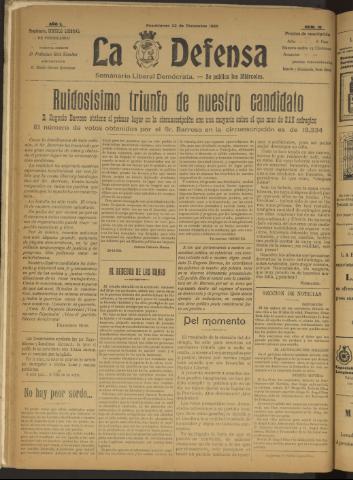 'La Defensa : periódico semanal, órgano del Partido Liberal Demócrata' - Año I Número 19 - 1920 diciembre 22