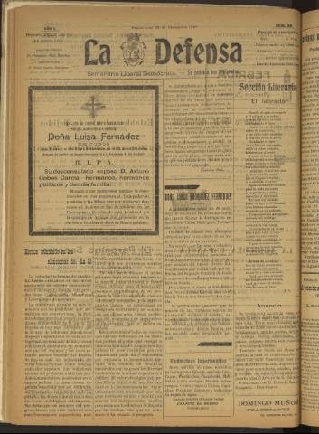 'La Defensa : periódico semanal, órgano del Partido Liberal Demócrata' - Año I Número 20 - 1920 diciembre 29