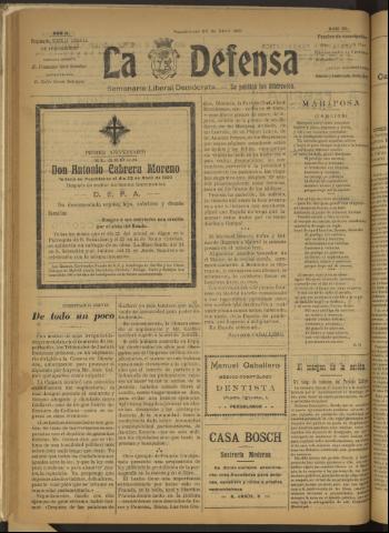 'La Defensa : periódico semanal, órgano del Partido Liberal Demócrata' - Año II Número 35 - 1921 abril 20