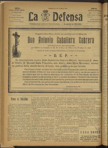'La Defensa : periódico semanal, órgano del Partido Liberal Demócrata' - Año II Número 40 - 1921 mayo 25