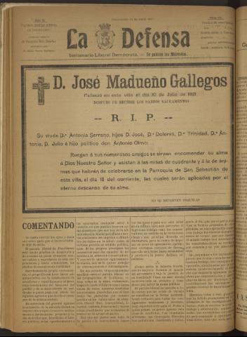 'La Defensa : periódico semanal, órgano del Partido Liberal Demócrata' - Año II Número 47 - 1921 julio 13