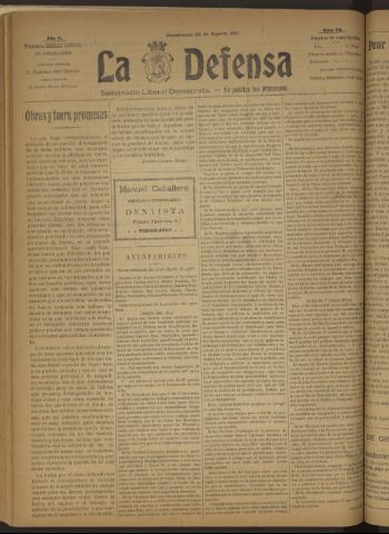 'La Defensa : periódico semanal, órgano del Partido Liberal Demócrata' - Año II Número 53 - 1921 agosto 24