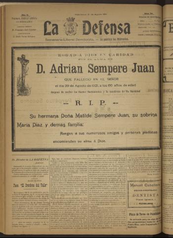 'La Defensa : periódico semanal, órgano del Partido Liberal Demócrata' - Año II Número 54 - 1921 agosto 31