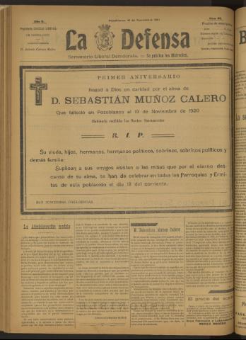 'La Defensa : periódico semanal, órgano del Partido Liberal Demócrata' - Año II Número 65 - 1921 noviembre 16