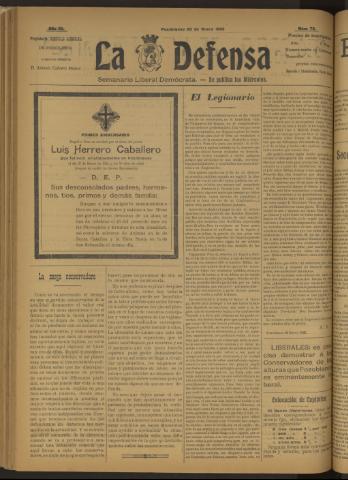'La Defensa : periódico semanal, órgano del Partido Liberal Demócrata' - Año III Número 75 - 1922 enero 25