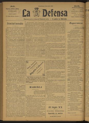 'La Defensa : periódico semanal, órgano del Partido Liberal Demócrata' - Año III Número 100 - 1922 julio 19