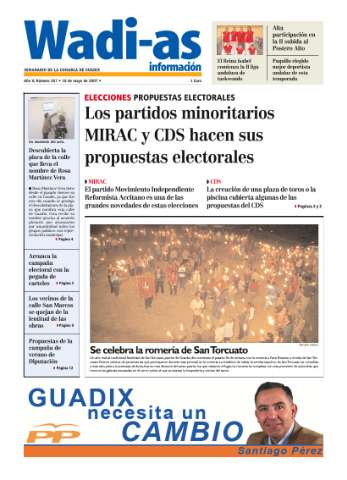 'Wadi-as información : periódico semanal de la comarca de Guadix.' - Año IV Número 267 - 2007 mayo 18