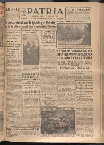 'Patria : diario de Falange Española Tradicionalista y de las J.O.N.S.' - Año XVII Número 5234 - 1952 octubre 7