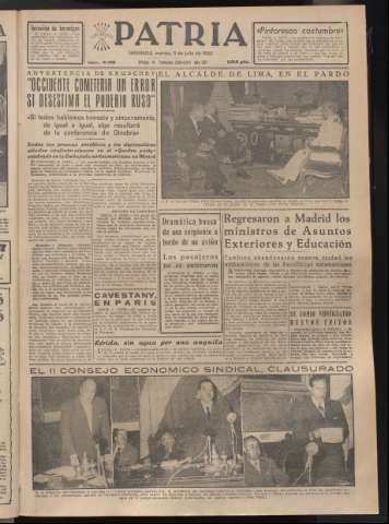 'Patria : diario de Falange Española Tradicionalista y de las J.O.N.S.' - Año XX Número 6188 - 1955 julio 5