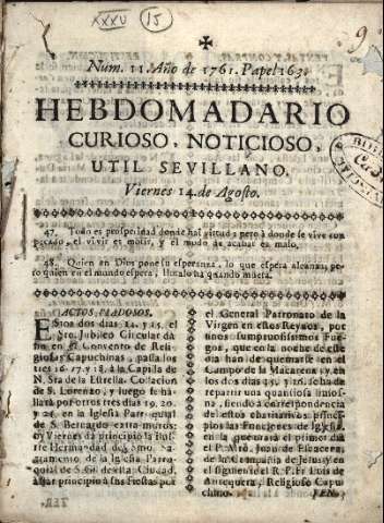 'Hebdomadario útil sevillano' - Año  Número 11 - 1761 agosto 14