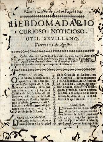 'Hebdomadario útil sevillano' - Año  Número 12 - 1761 agosto 21